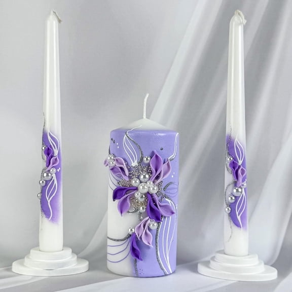 Unity Candle Set - Wedding Ceremony & Reception  6 Pillar & Two 10 Taper Candles  Long Burning Unity Candles for Marriage Ritual  Handmade in USA - White | Royal Violet