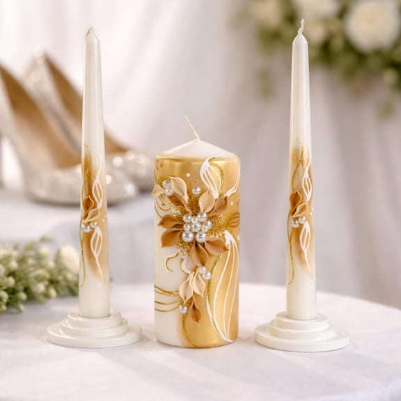 Unity Candle Set - Wedding Ceremony & Reception  6 Pillar Two 10 Taper Candles Long Burning for Marriage Ritual Handmade in USA White | Gold