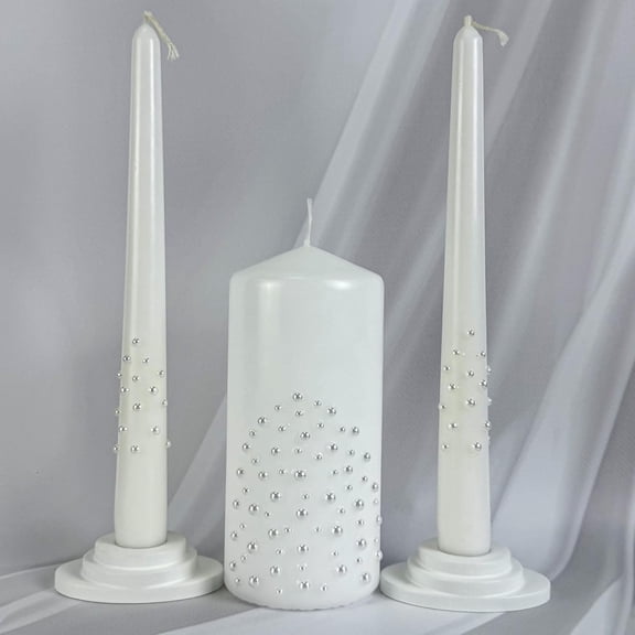 Unity Candle Set - Wedding Ceremony & Reception  6 Pillar Two 10 Taper Candles Long Burning for Marriage Ritual Handmade in USA White| Pearls