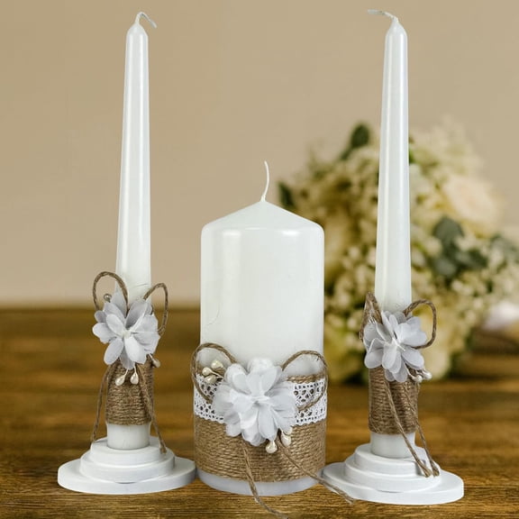 Unity Candle Set - Wedding Ceremony & Reception  6 Pillar Two 10 Taper Candles Long Burning for Marriage Ritual Handmade in USA White | Rustic