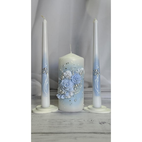 Unity Candle Set - Wedding Ceremony & Reception 6 Pillar Two 10 Taper Candles Long Burning for Marriage Ritual Handmade in USA White | Sky Blue