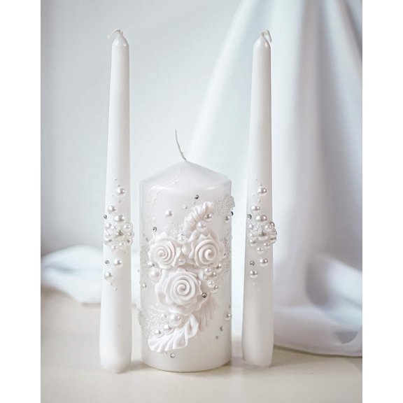 Unity Candle Set for Wedding Ceremony with White Wooden Taper Candle Holders Included, White Floral Pillar 6" ?3 Candle, 3 count Christian Marriage, Long , Unscented