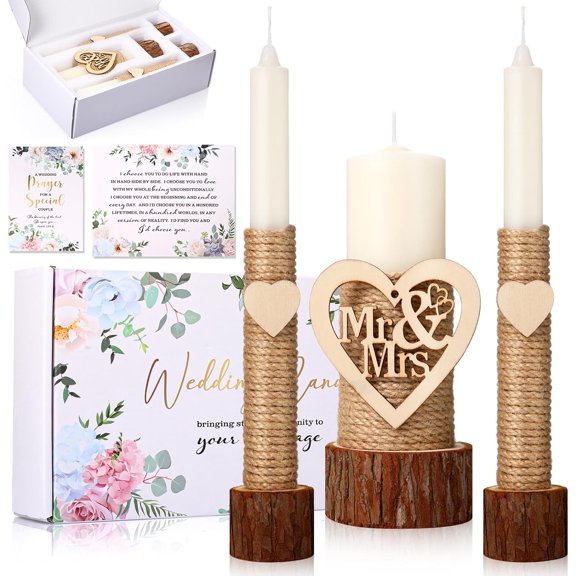 Unity Candles for Wedding Ceremony Set, Classical | Pillar Taper Set, Mr Mrs Wooden Holder, Marriage Cards, Rustic Romantic Ceremony Decor, Jute Rope Wrapped Design for Events
