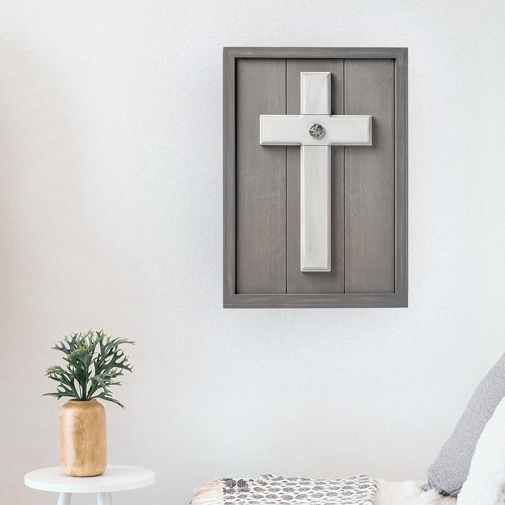 Large Gray Wash Wood Wall Cross with White Center and Bronze Nail
