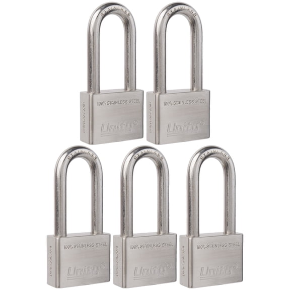 Unity Keyed Alike Marine Padlock, 100% Stainless Steel Long Shackle Lock for Marie, Sea, Boat (5 Pack)