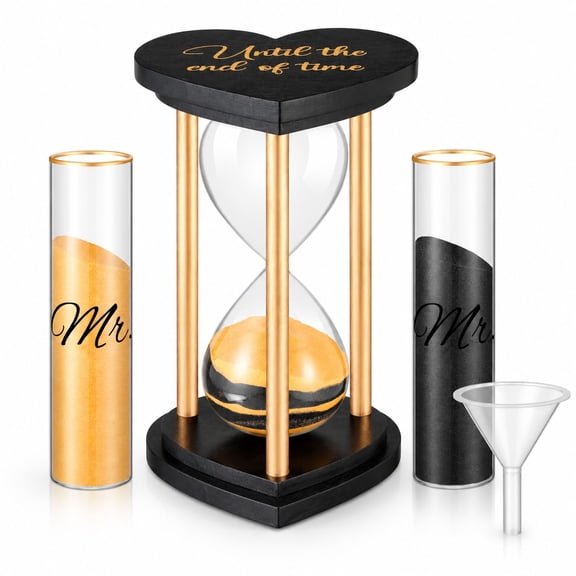 Unity Sand Ceremony Hourglass Set with 2 Vases, Funnel, and Sand, 11.81 in, Black Gold, Glass and Wood, for Weddings and Anniversaries