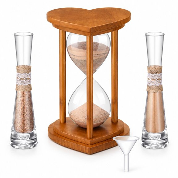 Unity Sand Ceremony Hourglass Set with 2 Vases, Sand, and Funnel, Brown Wood and Glass, 11.81 inches, for Weddings and Anniversaries