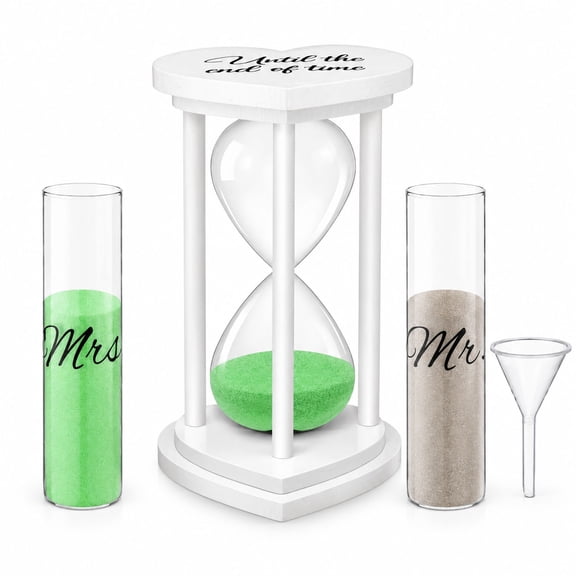 Unity Sand Ceremony Set with Hourglass, 2 Vases and Sand, White Wood and Glass, for Weddings and Anniversaries