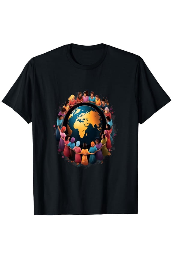 Unity and Diversity Global Women Empowerment Graphic T-Shirt - Retro World Peace Sisterhood Artistic Black Tee for Adults