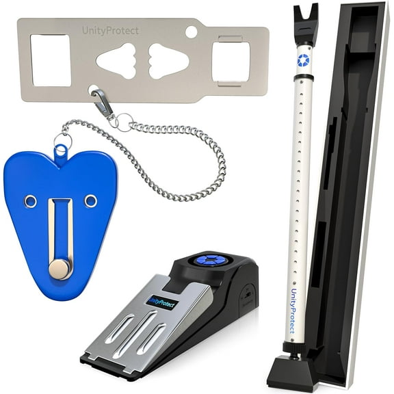 UnityProtect Door Stopper Set of 3 & Door Security Bar with Alarm and Portable Lock - Grey