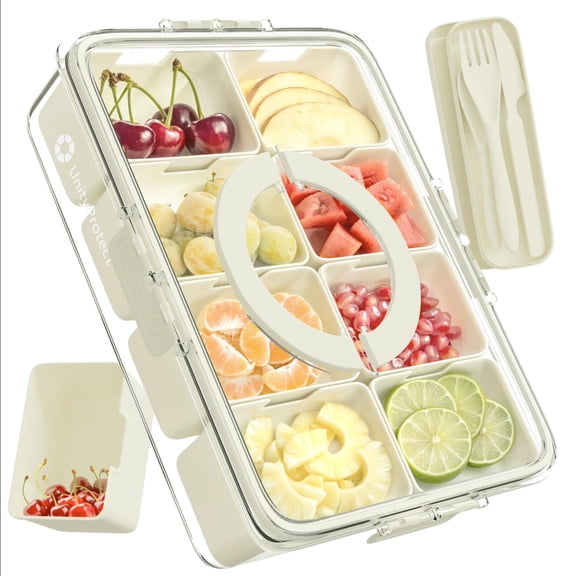 UnityProtect Snackle Box Container with Lid & Handle - Portable Snacklebox and Divided Snack Organizer - 8 Removable Compartments for Charcuterie, Fruits, Nuts & Travel (Off-White)