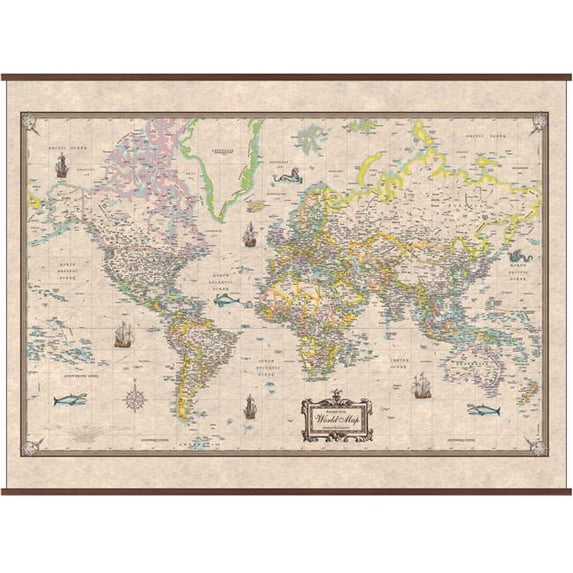 Univarsal 911200413001-72x55-LAM 72 x 55 in. World Antique-Look Wall Map - Laminated
