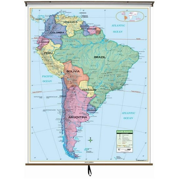 Univarsal 911300730001-54x69-RAB 54 x 69 in. South America Primary Classroom Wall Map - Rail-Black Molding
