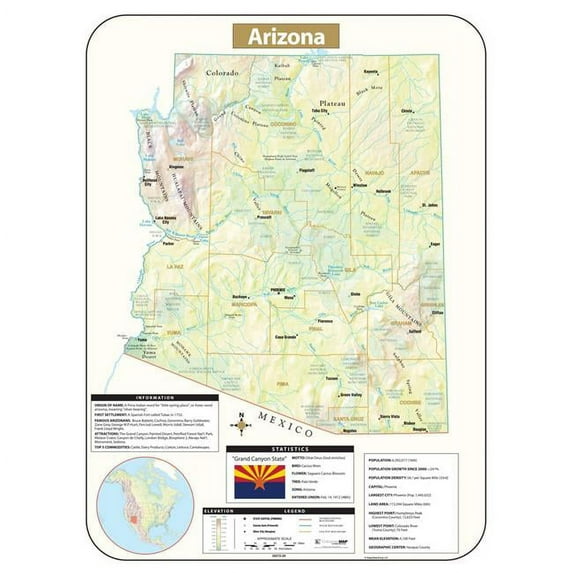 Univarsal 911640212001-54x64-PPR 54 x 64 in. Arizona Large Scale Shaded Relief Wall Map - Paper