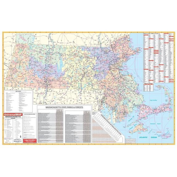 Univarsal 911642010001-63x42-RAB 63 x 42 in. Massachusetts State Wall Map - Rail-Black Molding