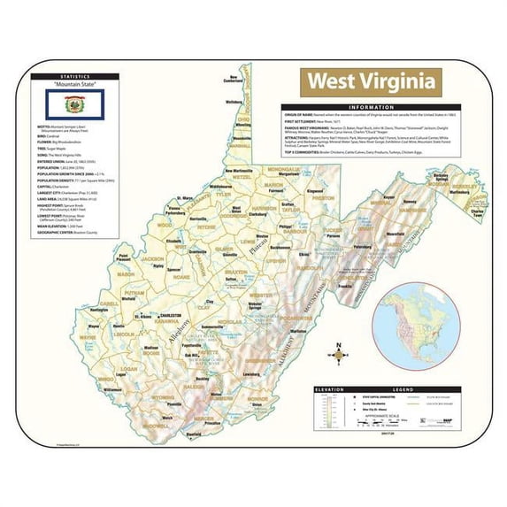 Univarsal 911644712001-64x54-LAM 64 x 54 in. West Virginia Large Scale Shaded Relief Wall Map - Laminated