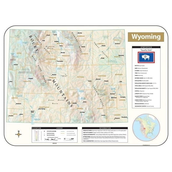 Univarsal 911644912001-64x54-BB1 64 x 54 in. Wyoming Large Scale Shaded Relief Wall Map - BB1