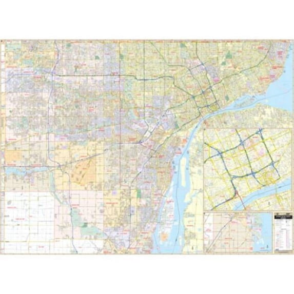 Univarsal 911842114005-71.5x52.5-SR1 71.5 x 52.5 in. Detroit-Wayne County, Michigan Wall Map - Spring Roller 1