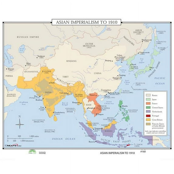 Univarsal 931000061160-46x37-SR1 46 x 37 in. No.160 Asian Imperialism to 1910 on Roller Wall Map with Backboard - Spring Roller 1