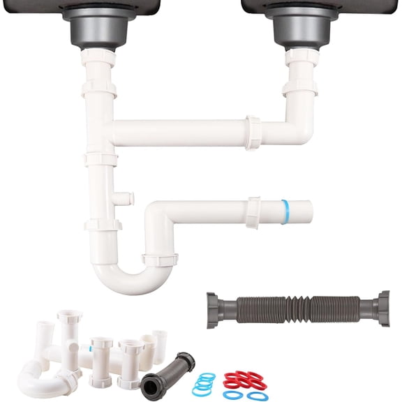 Universal 1-1/2" Kitchen Sink Drain Kit, Space-Saving kitchen drain P-trap With retractable flexible Pipe Completed Sink Pipe Replacement Kit (DIY Installation)