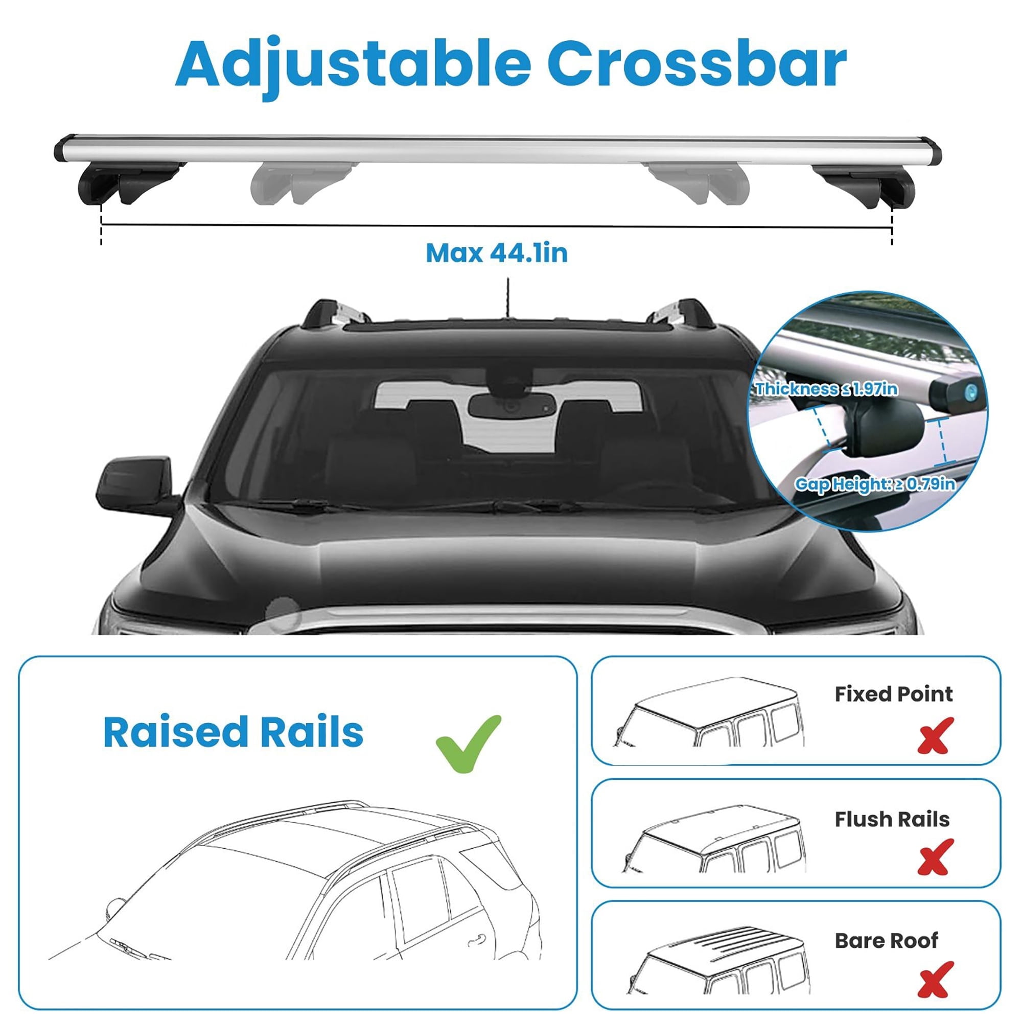 Multivan Raised Side Rails Universal Aluminum Car Roof Rack Cross Bars 1.22m – 176lbs Load, Fits ...