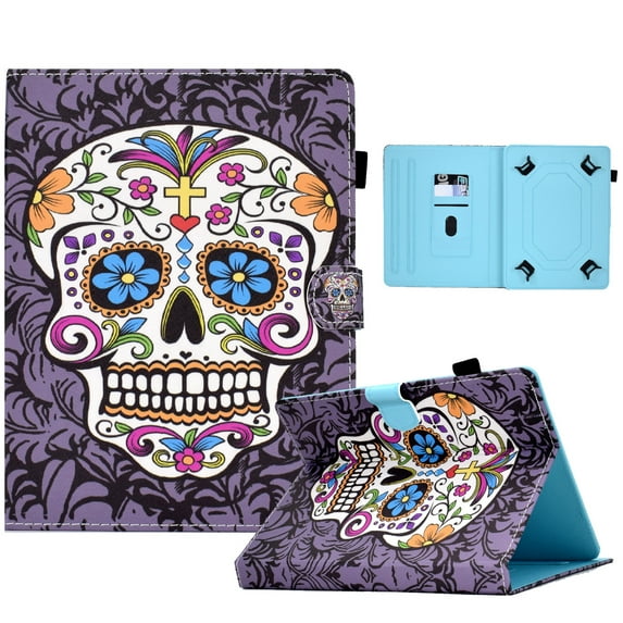 Universal 10 inch Tablet Case, Slim Folio Protective Case Cover with Kickstand for iPad 10.2/iPad 9.7/Onn 10.1/Samsung Tab A7/Galaxy Tab A 10.1 inch all 9.5-10.5 inch Tablet,Skull