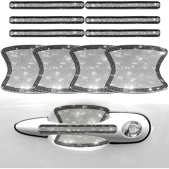 Universal 10Pcs Crystal Car Door Handle Stickers Bling Car Accessories Rhinestone Door Handle Protector Stickers Safety Scratch Resistant Sticker Protectors Reflective Trim Sticker,Silver&Black