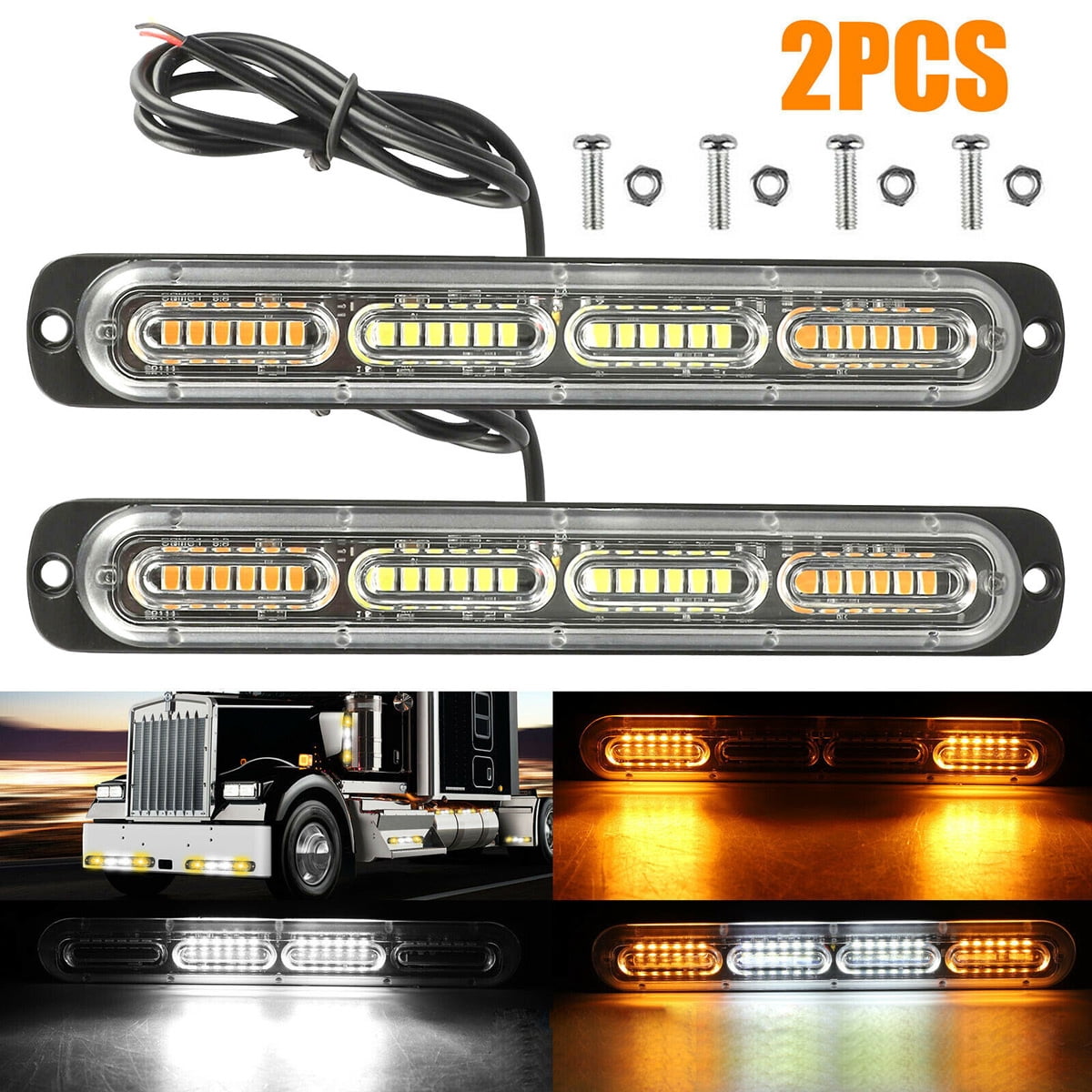 Universal 12–24V Amber/White LED Emergency Strobe Light Bars for Trucks ...