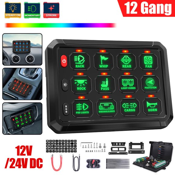 Universal 12 Gang Switch Panel W/RGB Toggle Momentary Ignition Power Auto ON Off LED Switch Touch Box Universal Circuit Control Relay System 12/24V for Car Truck ATV UTV SUV