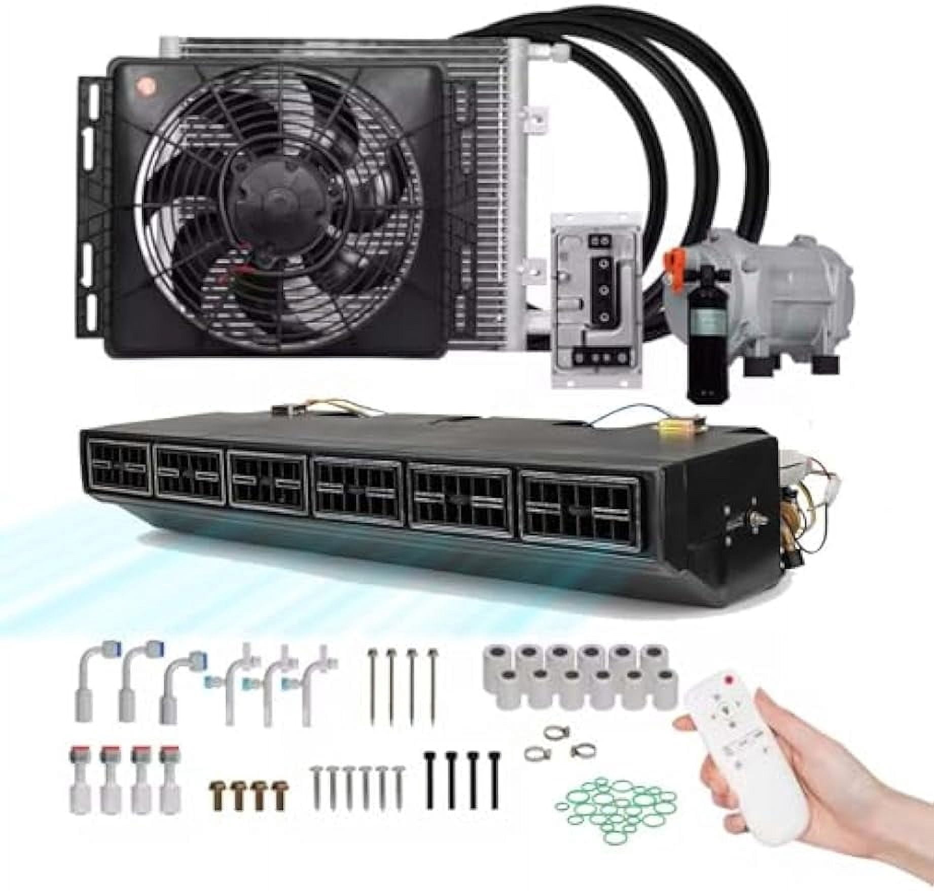Universal 12V / 24V Air Conditioner for Car Underdash,Electric Air Conditioner Kit for Heavy Duty Truck,RVs,Excavators, Vintage Cars w/Electrical Harness(12, Volts (DC))