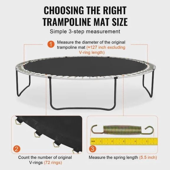 Universal 12ft Trampoline Replacement Mat UV-Resistant Jumping Mat, Reinforced V-Rings, Spring Tool Included, Fits 5.5" Spring Length for 12ft Round Frame