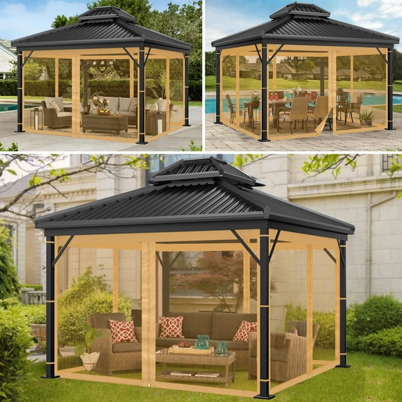 Universal 12ftx 12ft Gazebo Replacement Patio Mosquito Netting, Brown 4-Panel Netting Walls with Double Zippers for Patio (Mosquito Net Only)