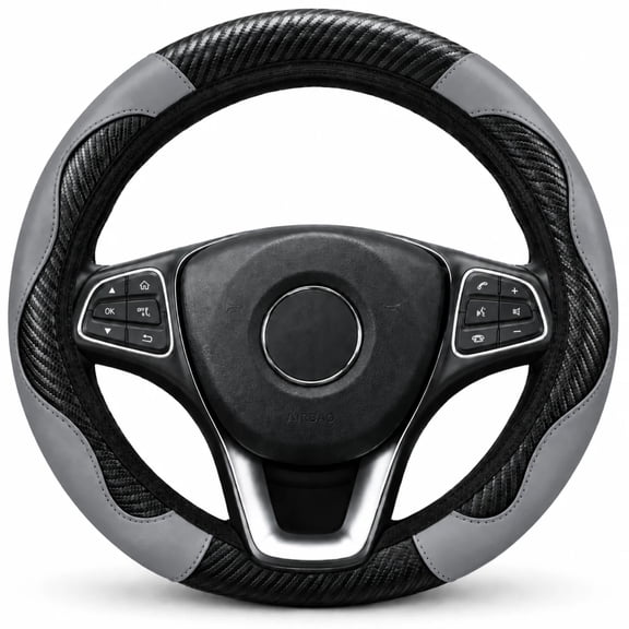 Gray Steering Wheel Cover, 14.5-15 Inch Universal Fit Carbon Fiber PU Leather Car Steering Wheel Cover, Elastic Anti-Slip Comfortable Grip for Cars SUVs Trucks, Gray & Black