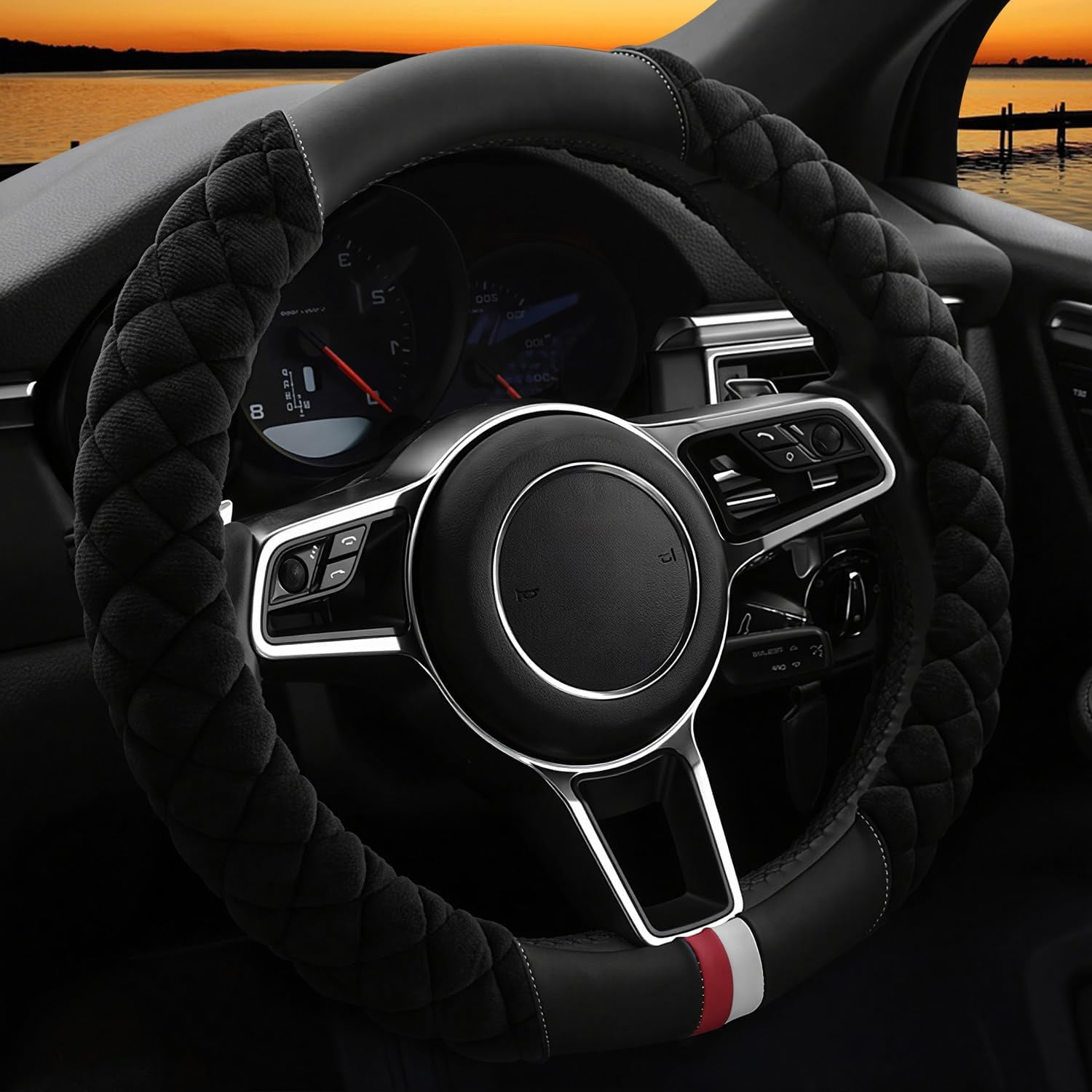 Universal 15 Inches Car Steering Wheel Cover Fluffy Winter Plush Steering Wheel Cover, Black