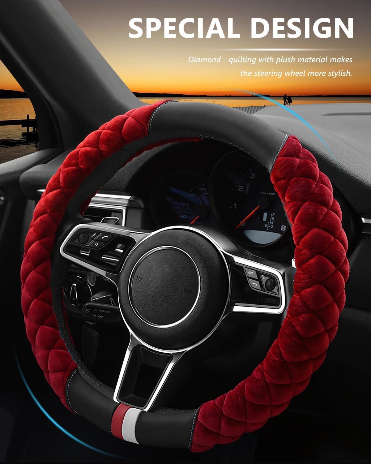 Universal 15 Inches Car Steering Wheel Cover Fluffy Winter Plush Steering Wheel Cover, Burgundy