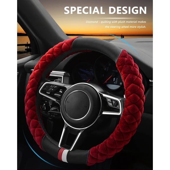Universal 15 Inches Car Steering Wheel Cover Fluffy Winter Plush Steering Wheel Cover, Burgundy