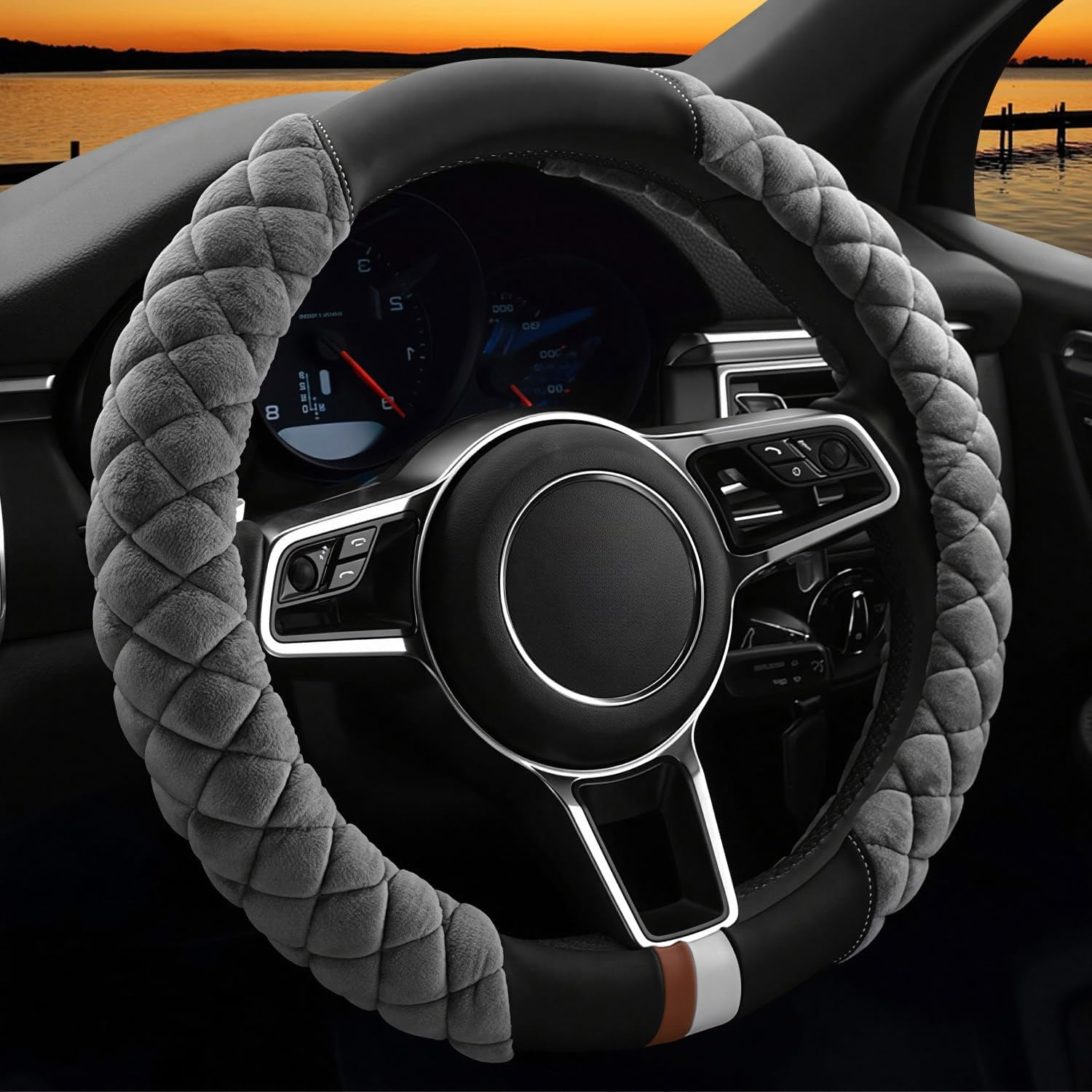 Universal 15 Inches Car Steering Wheel Cover Fluffy Winter Plush Steering Wheel Cover, Gray