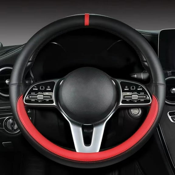 Universal 15 Inches Nappa Leather Steering Wheel Cover, Fashionable Sporty Style, Black and Red