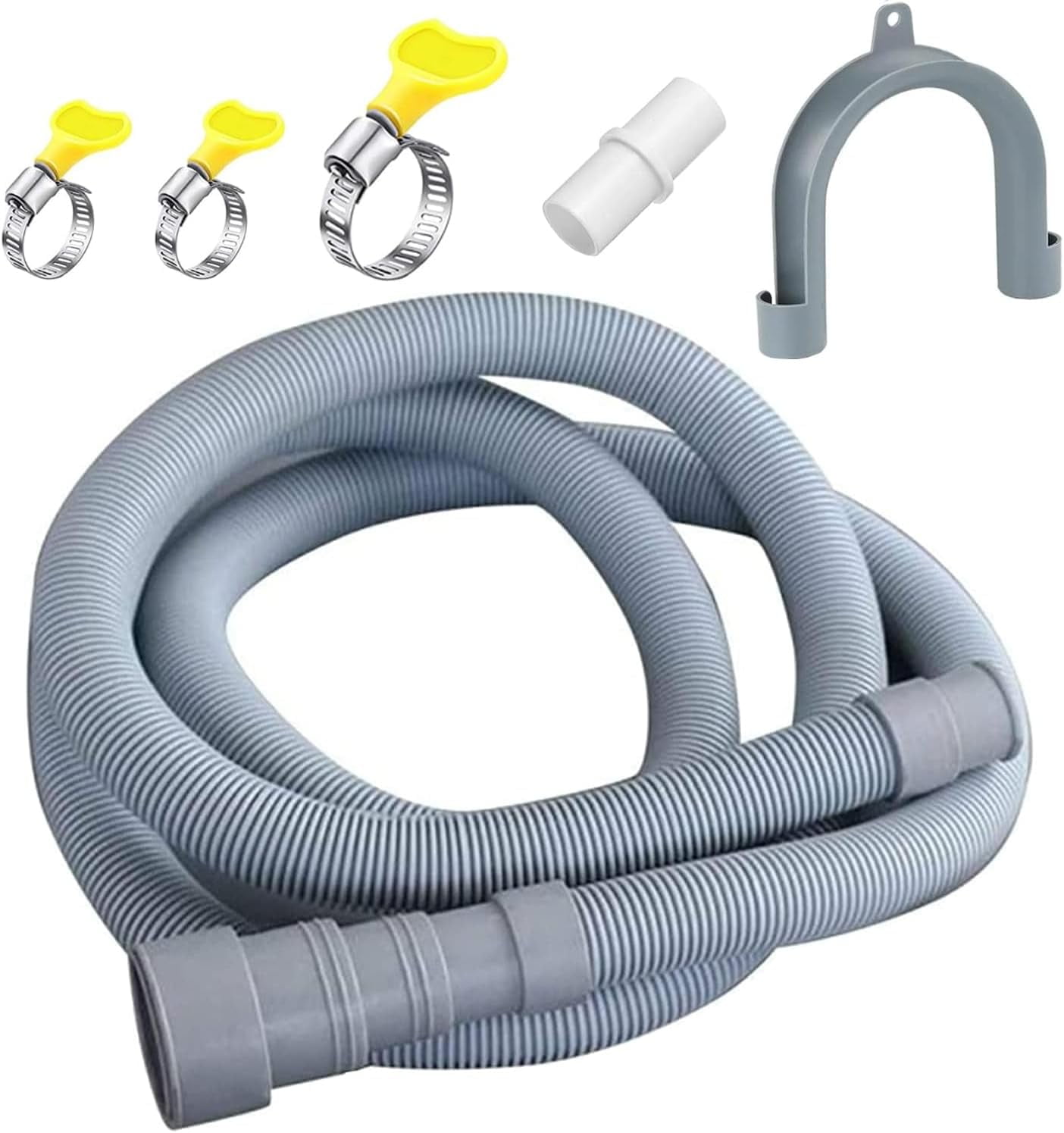 Universal 16.4ft Washing Machine & Dryer Drain Hose, 1-1/2" Gray Polypropylene Hose with Clamp