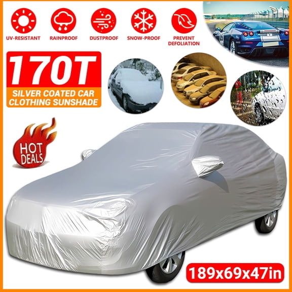Universal 170T Silver Coated Nylon Sedan Car Cover, All Weather Waterproof UV Sun Resistant Full Vehicle Cover with Adjustable Wind Ropes & Buckle for Standard 4-Door Sedan Outdoor Parking Protection