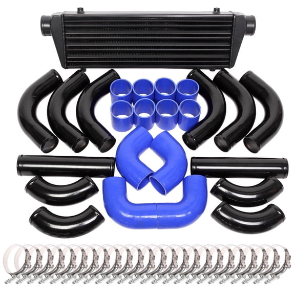 Universal 2.5" Blue Intercooler Kit with Piping & Clamps - Aluminum, 28"x7"x2.5" Core - Upgrade for Turbocharged Vehicles - Includes 12 Couplers & Hardware