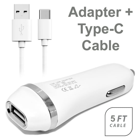 Universal 2 In 1 USB Car Charger Adapter With 5 Ft Type-C USB Cable White