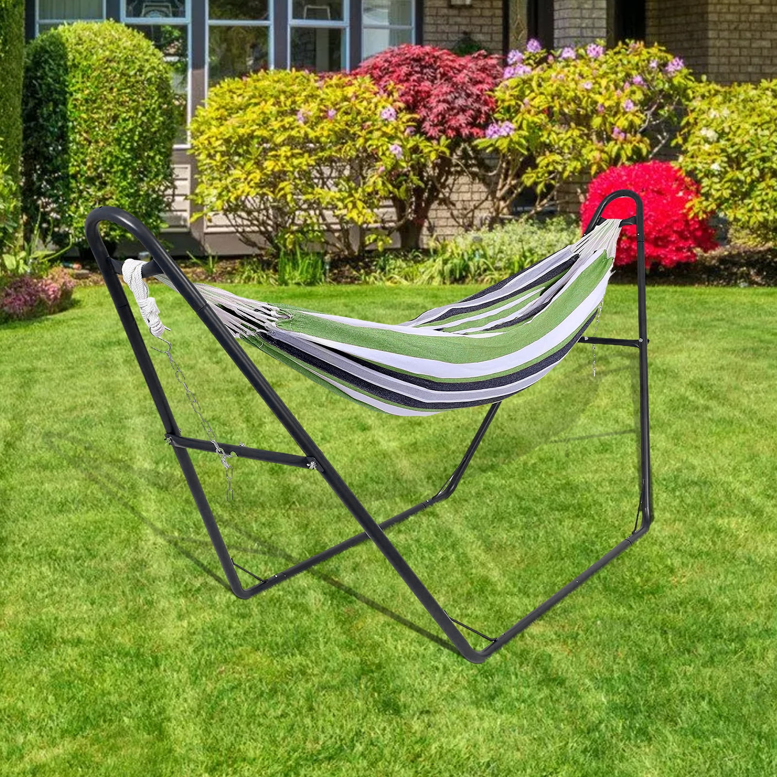 Universal 2 Person Hammock Stand, Heavy Duty Steel Hammock Stand 550 lbs Capacity, Fits 9 to 14 Foot Hammocks for Outdoor Indoor Adjustable Portable Hammock Stand with Chain, Hook, and Carrying Bag