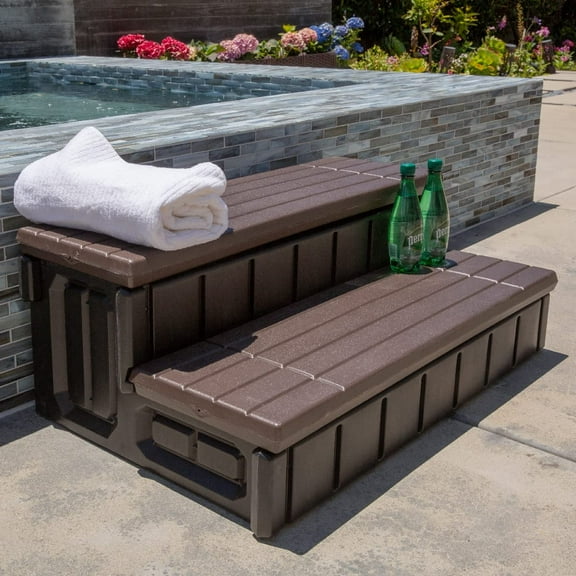 Universal 2 Slip-Resistant Spa & Hot Tub Step Outdoor Indoor Stool Pool Ladder Compartment Spa Step 36" Inches Long with Storage, Brown/Black