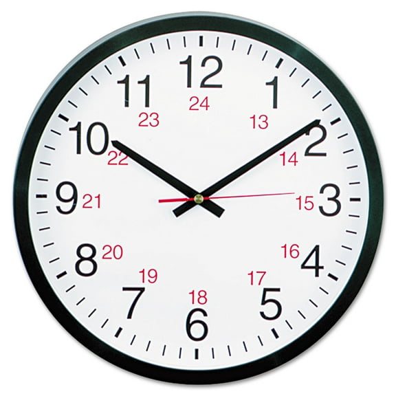 Universal 24-hour Round Wall Clock, 12.63" Overall Diameter, Black Case, 1 Aa (sold Separately)