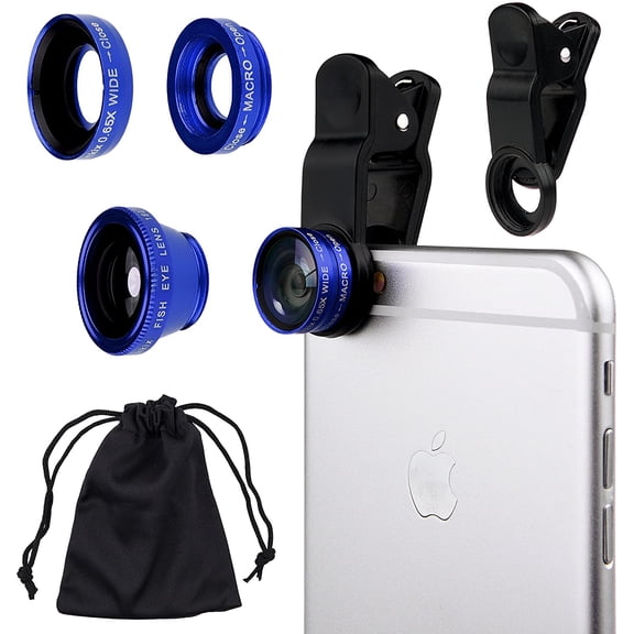 Universal 3 in 1 Cell Phone Camera Lens Kit for Smartphones Including - Fish Eye Lens / 2 in 1 Macro Lens & Wide Angle Lens/Universal Clip/Carry Pouch/Microfiber Cleaning Cloth