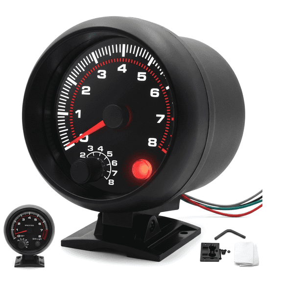 3.75" Tachometer Gauge with Shift Light, 0-8000 RPM for 12V 1-8 Cylinder Gasoline Engines, White LED Backlight