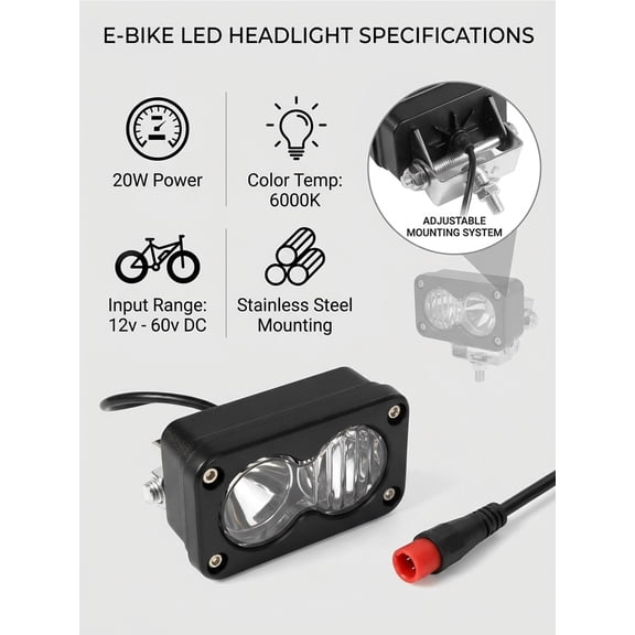 Universal 3 Pin E-Bike Headlight, Bike Lights & Reflectors, 20W 6500K Super Bright Waterproof LED Light for Motorcycle, ATV, Electric Bike Front Lights Compatible White Light and Yellow