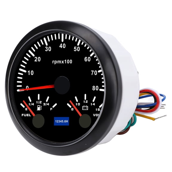 Universal 3-in-1 85mm 8000 RPM Tachometer Gauge with Fuel Level and Voltage Monitor, 7-Color LED Backlight for Marine Boats, RVs, Trucks, and Tractors, Black Bezel