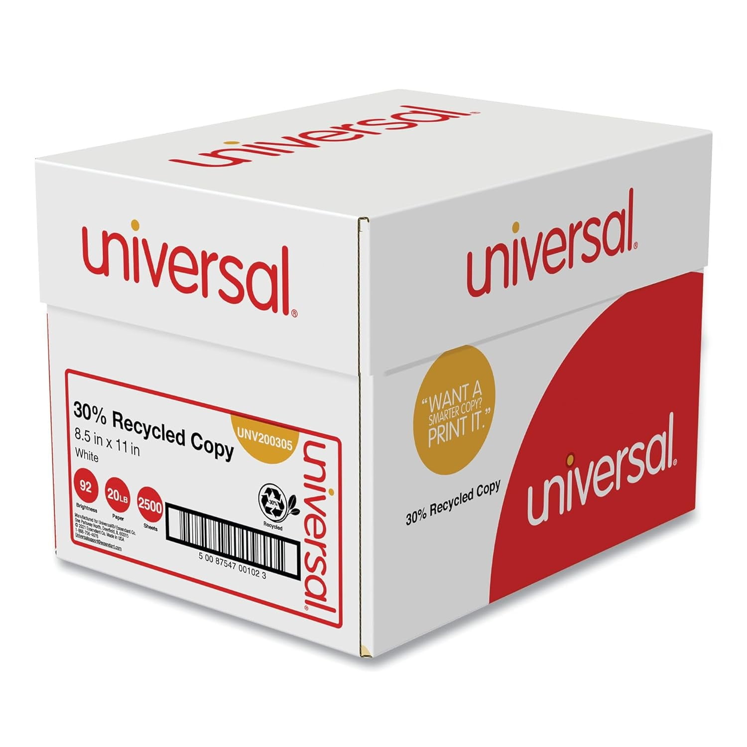 Universal 30 Recycled Copy Paper, 92 Bright, 20 lb., 8.5 x 11, White